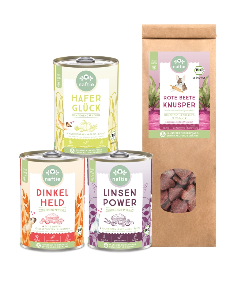 Testpaket veganes Hundefutter Nassfutter Sorten und vegane Hundekekse von naftie