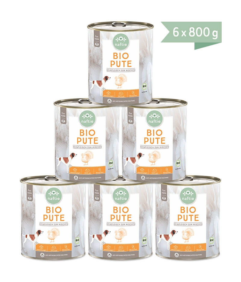 Bio-Hundefutter 100% Bio Pute Reinfleischdosen für Hunde Sparpaket 6x800g Dosen