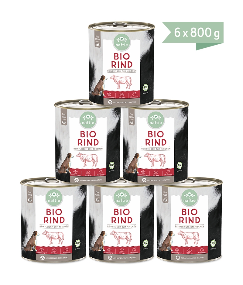 Bio-Hundefutter 100% Bio Rind Reinfleischdosen für Hunde Sparpaket 6x800g Dosen