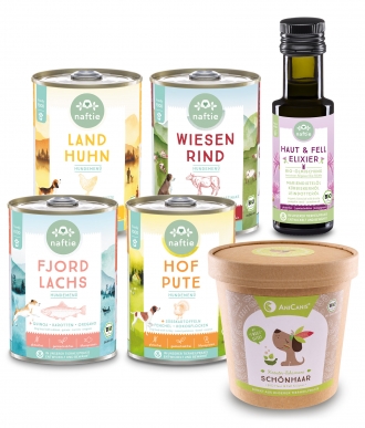 Bio-Hundefutter Schnupperbox von naftie mit 4 Sorten Nassfutter, Bio Futteröl und Bio Kräutern zum Probierpreis