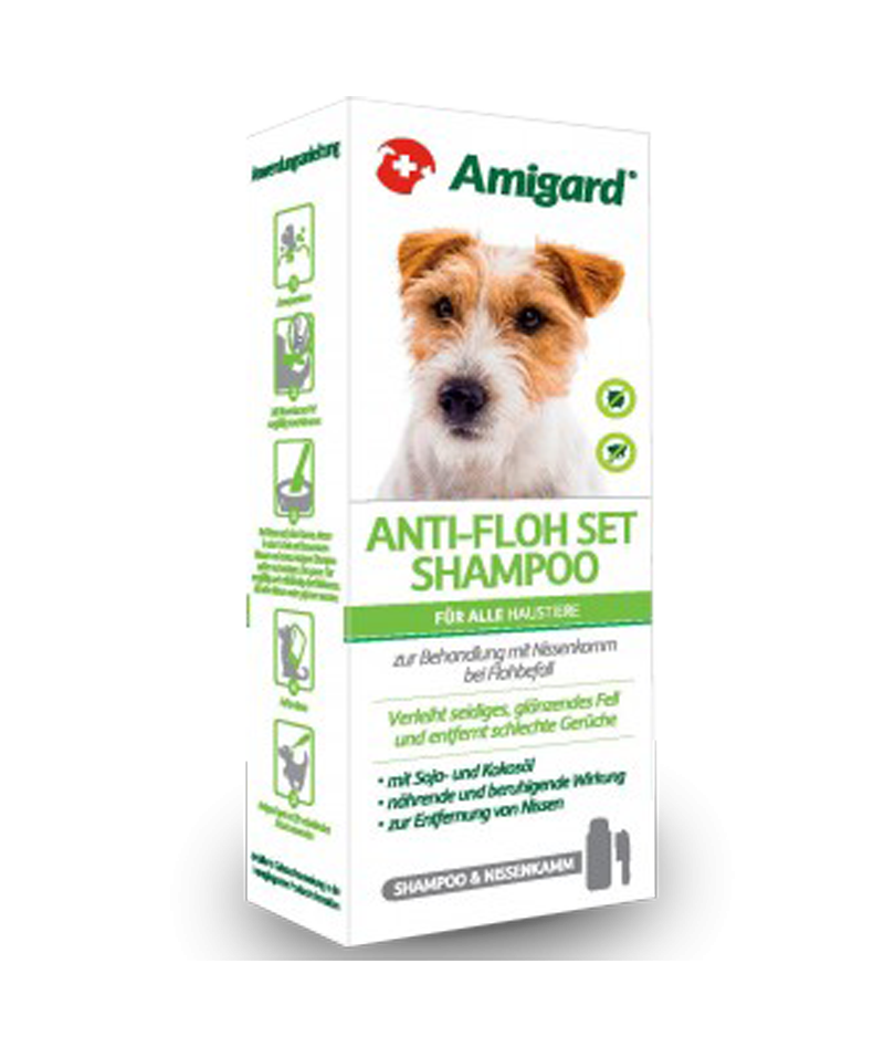 Anti-Flohset von Amigard mit Spezial Hundeshampoo gegen Flöhe und Nissen und einem Flohkamm zum ausbürsten von Ungeziefer